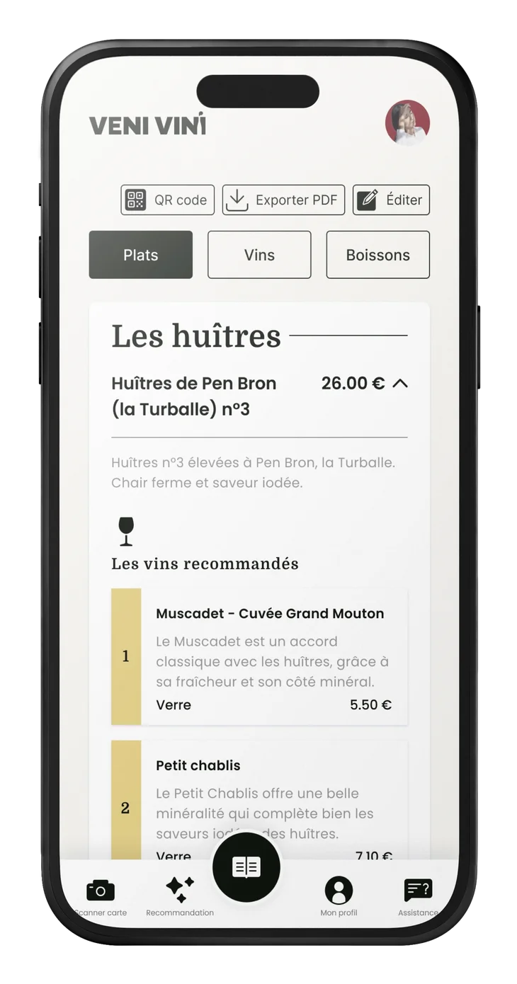 Aperçu de la web app Veni Vini : les huîtres de Pen Bron à la carte, avec les vins recommandés pour les accompagner.